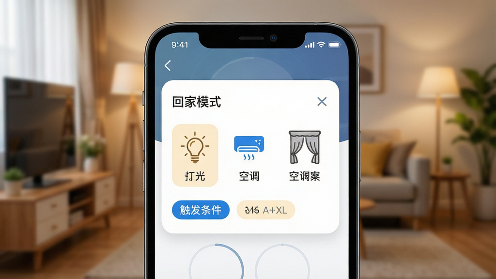 一张展示智能场景联动设置界面的示意图,画面为手机屏幕特写,屏幕内显示“回家模式”场景卡片,包含灯光、空调、窗帘图标及触发条件标签,背景为温馨客厅环境虚化,布局清晰,风格生活化科技感,细节丰富,画质高清,干净无多余元素
