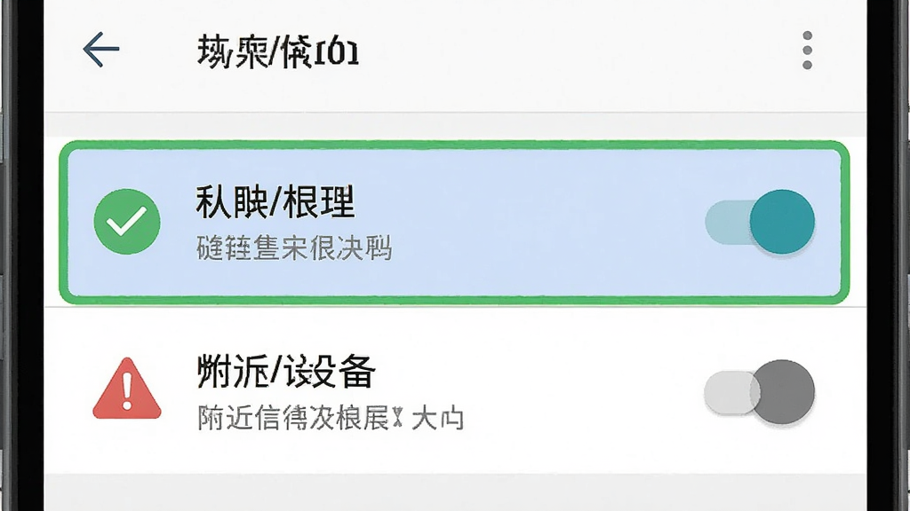 一张展示手机应用权限设置界面的示意图,画面为安卓系统设置页面特写,高亮显示定位权限与附近设备权限开关,旁边配有对勾与警示图标,布局清晰直观,风格扁平化说明图,细节明确,画质高清,干净无多余元素