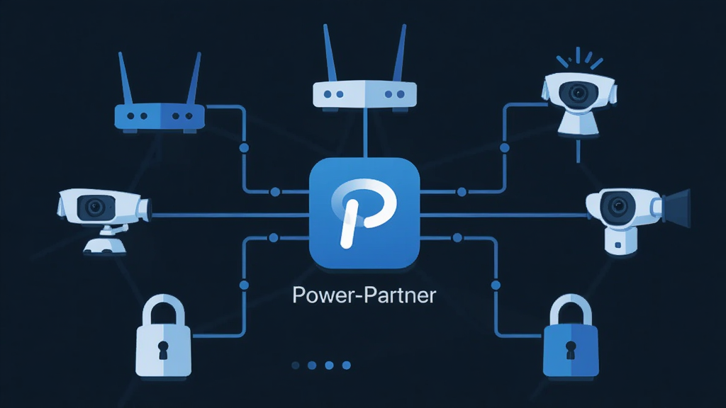 一幅展示多设备管理界面的扁平化插画,画面中央为“Power-Partner”应用图标,周围环绕路由器、智能音箱、摄像头、智能门锁等设备图标,通过线条连接形成网络拓扑结构,布局居中对称,风格简洁科技蓝,细节清晰,画质高清,干净无多余元素