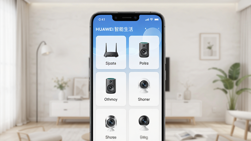 一张展示华为智慧生活应用主界面的手机样机图,画面中央是手机屏幕,屏幕内显示智能设备管理卡片列表,包含路由器、音箱、摄像头图标,背景为浅色家居环境,布局简洁,风格现代科技感,细节清晰,画质高清,干净无多余元素