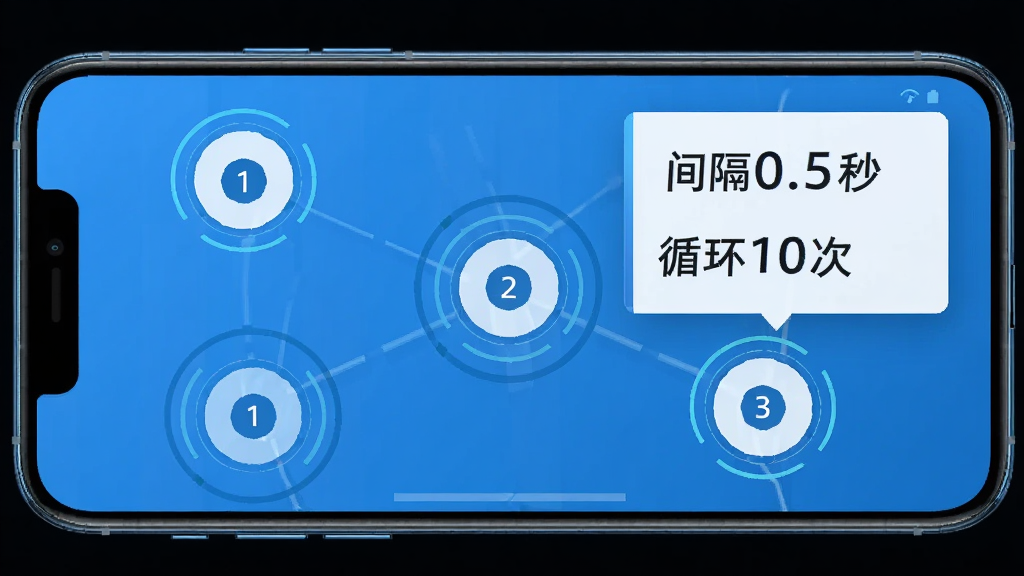 闪指连点器功能界面示意图,画面主体为一部横屏手机,屏幕上分布着三个带编号的圆形点击标记,旁边有参数设置浮窗显示“间隔0.5秒”“循环10次”,布局清晰,风格扁平化科技蓝,细节锐利,画质干净高清