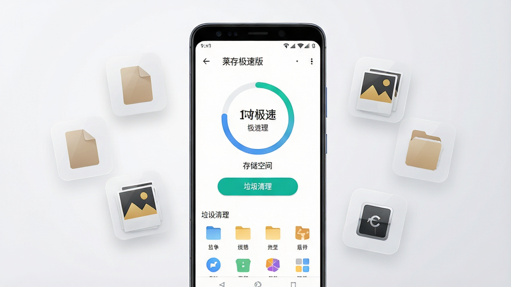 一张展示手机存储清理场景的写实风格图片,画面中央是一部竖屏安卓手机,手机屏幕上显示