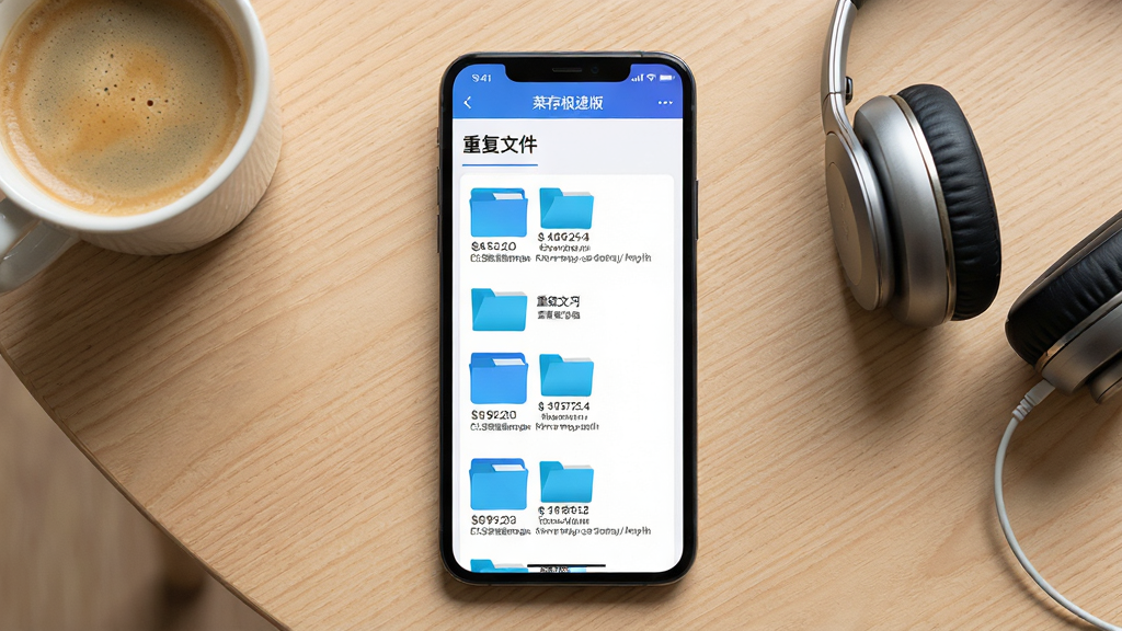 一张展示重复文件识别功能的界面示意图,画面为一部手机屏幕显示