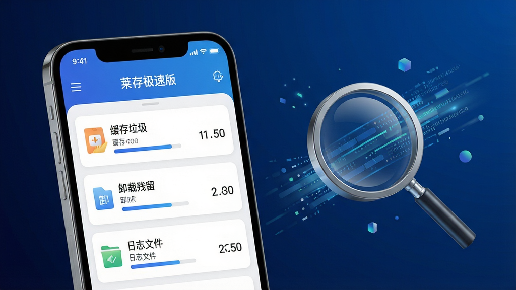 一张表现智能扫描清理功能的科技感图片,画面主体是一部手机屏幕显示