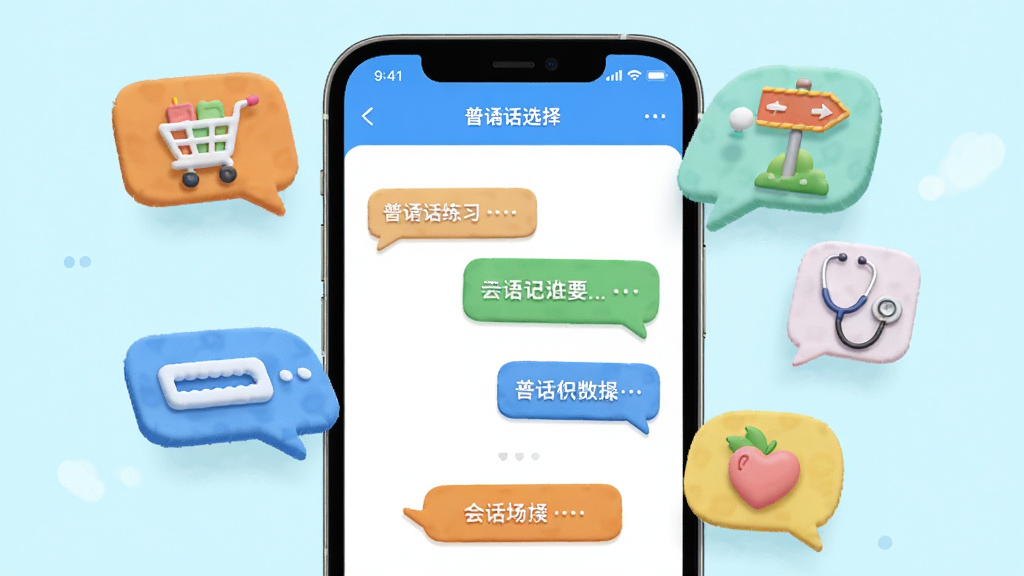 手机屏幕展示普通话练习软件的会话场景选择界面,屏幕周围漂浮着对话气泡和场景小图标,如购物车、路标、听诊器等,整体风格为轻拟物插画,配色明亮活泼,排版疏密有致,画质清晰干净