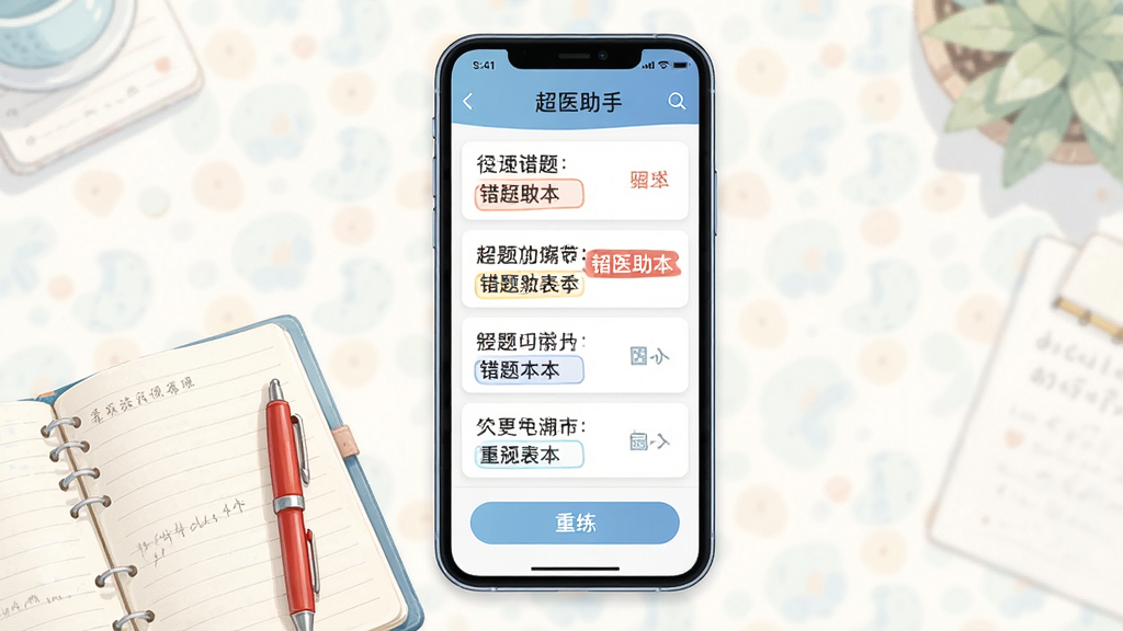һ��AI��ͼ������չʾ����ҽ���֡����Ȿ���ܽ��棬����Ϊһ�������ֻ�����Ļ����ʾ�����б���������ť���ֻ�����һ���򿪵ıʼǱ���һ֧��ʣ�����Ϊ�ֻ����С��ʼǱ������½���Ȼ�ڷţ����Ϊ����ѧϰ�����廭��ɫ�����������ϸ�ڰ�������Ԫ����������������Ŀ�����ʸ���ɾ����޶���Ԫ��