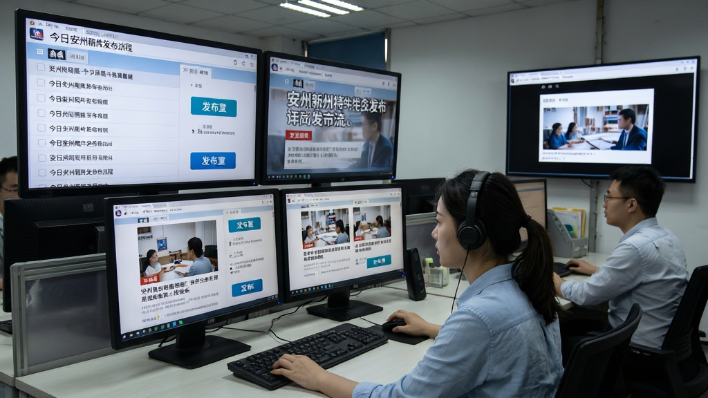 新闻编辑室中多块屏幕显示今日安州稿件发布流程,主体为编辑人员操作电脑审核图文,布局左侧稿件列表右侧预览窗口,排版呈现工作场景,风格写实新闻编辑部,细节包含屏幕上的安州新闻标题与发布按钮,画质高清干净无多余元素