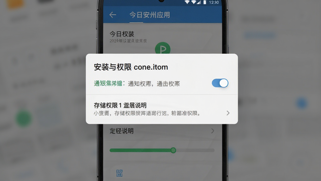 今日安州应用在手机上的安装与权限设置界面展示,主体为权限弹窗与安装进度条,布局居中显示提示对话框,排版简洁移动端界面,风格扁平化系统设置页面,细节包含通知权限开关与存储权限说明文字,画质清晰干净无多余元素