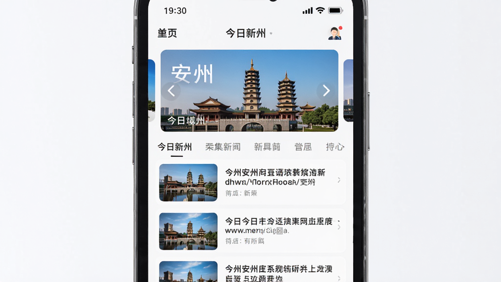 手机屏幕中展示今日安州应用主界面,画面中心为安州城市地标建筑与新闻资讯卡片流,布局上下分层顶部轮播图下方列表,排版整齐清晰,风格现代简约新闻类App界面,细节包含时间显示、栏目导航、图文混排,画质高清干净无多余元素