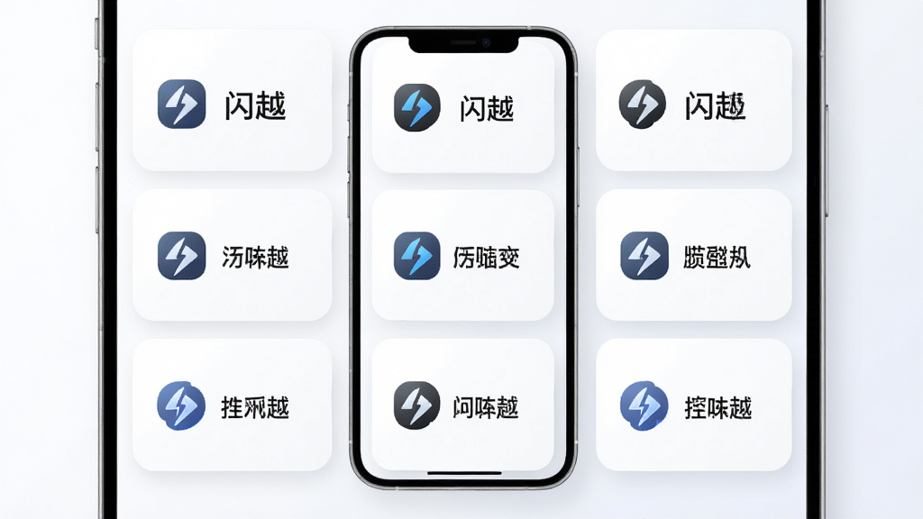 主体为手机界面功能模块展示,布局为九宫格卡片式排列,排版整齐有序,风格为简约商务浅色系,细节包括每个卡片带有“闪越”相关功能图标与简短文字标签、卡片圆角柔和、背景干净明亮,画质高清干净无多余元素