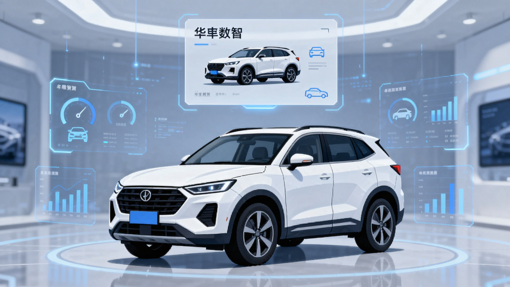 ��������Ϊһ����ɫ�ִ�SUVͣ�������������ֻ�չ�����룬������Χ���ư�͸�������������ͼ��Ԫ�أ������ϳ���λ�ڻ�������ƫ�£��Ϸ������ռ�չʾ�����ĳ���������Ƭ���Ű���ú������ַ������Ϊ�Ƽ��б�ƽ�廭��ϸ�ڰ�����ɫ��Ч������Բ�������Ǳ���������������ͼ�꣬�����д����֡��������ǡ������������ɾ��޶���Ԫ��