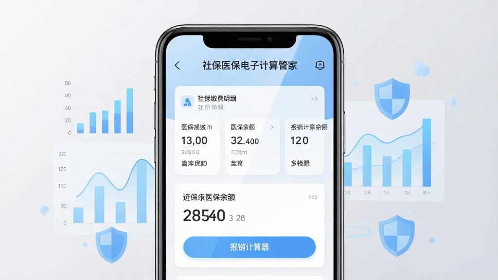 画面主体是一部智能手机,屏幕上显示社保医保电子计算管家应用界面,界面包含社保缴费明细卡片、医保余额数字、报销计算器按钮等元素;布局为手机居中放置,周围环绕浅蓝色数据图表与盾牌图标;排版简洁明了,上方留白;风格为清爽扁平化科技风;细节上手机屏幕有柔和反光,背景为浅灰渐变;画质高清,干净,无多余元素