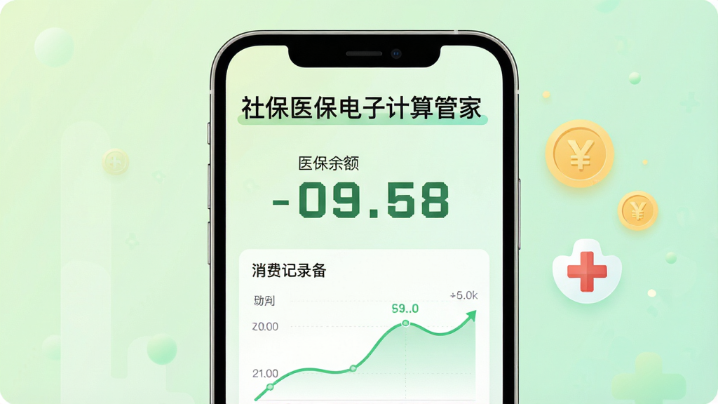 画面主体是一部手机显示医保余额数字与消费记录曲线图,屏幕上方有“社保医保电子计算管家”字样;布局为手机正面居中,右侧悬浮金币与医疗十字图标;排版干净对称;风格为清新浅色扁平风;细节上背景为淡绿色渐变,数字醒目;画质高清,干净,无多余元素
