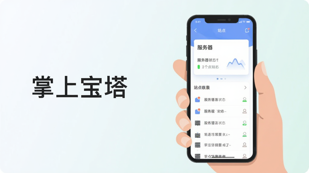 画面主体为一只手握住手机,屏幕显示服务器状态卡片与站点列表,背景为简洁的浅色渐变,布局为手机居于画面中央偏右,左侧留白用于文字说明,风格为清新扁平化插画,细节包含状态指示灯与小图标,画质干净清晰,无多余装饰元素,图片中打文字“掌上宝塔”
