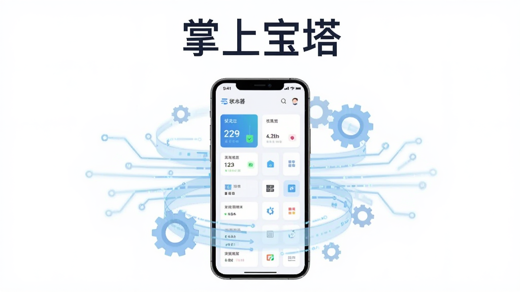 画面主体为一部竖屏智能手机,屏幕中显示简洁的服务器管理面板界面,包含状态卡片与功能图标,手机周围环绕淡蓝色数据流线条与齿轮元素,布局居中对称,上方留白放置文字,风格为现代科技扁平插画,细节干净利落,画质清晰,无多余杂乱元素,图片中打文字“掌上宝塔”