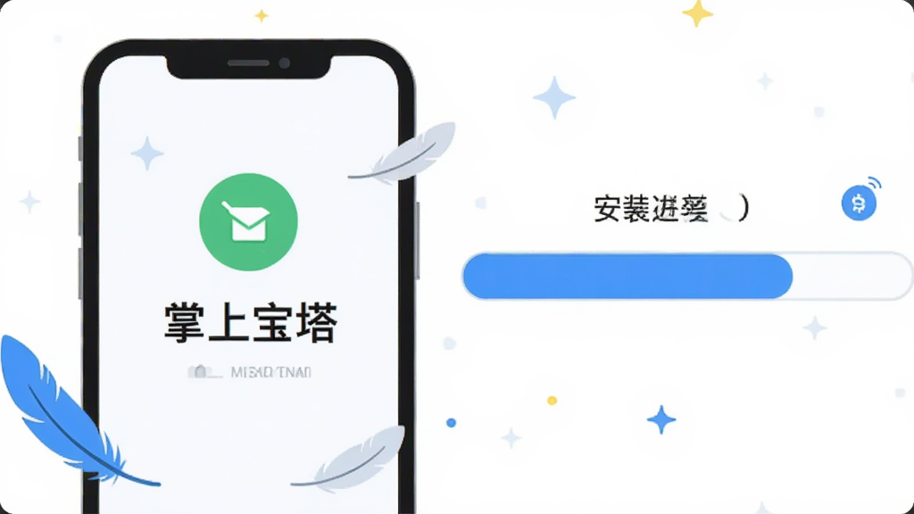 画面主体为手机与下载进度条组合构图,进度条呈蓝色填充状态,手机屏幕显示安装完成提示,布局为左手机右进度条,风格为清爽扁平化插画,细节包含羽毛与轻量符号,画质干净清晰,无多余杂乱元素,图片中打文字“掌上宝塔”