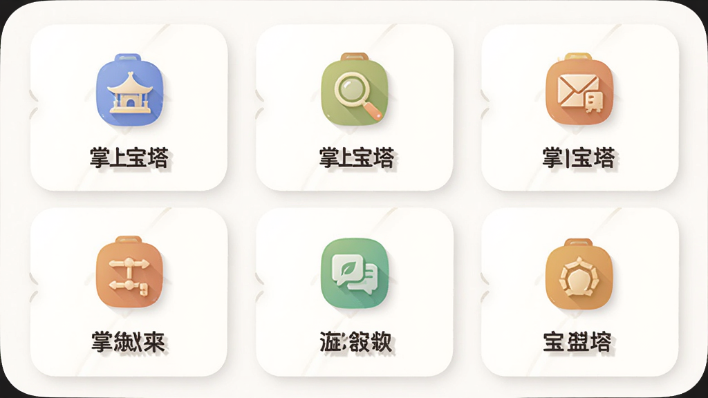 画面主体为手机界面展示功能分区网格,每个格子内含不同图标与短文字标签,布局为三列网格居中,背景为浅色圆角卡片,风格为现代简约UI插画,细节包含图标阴影与分隔线,画质清晰干净,无多余元素,图片中打文字“掌上宝塔”