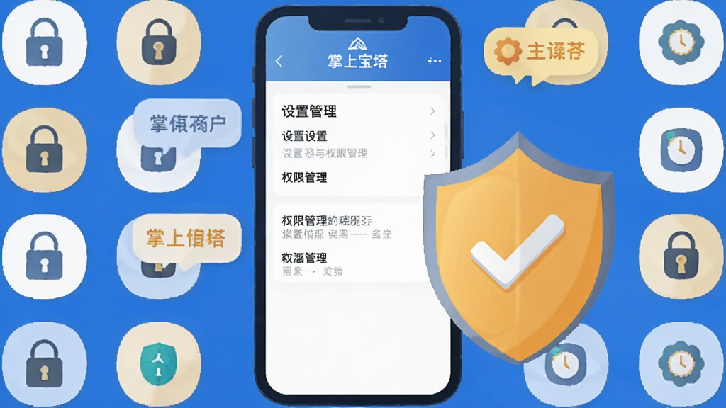 画面主体为手机屏幕显示设置与权限管理界面,旁边配有盾牌与对勾图标,布局为手机居中,四周环绕小图标,风格为简洁安全主题插画,细节包含锁形与提示气泡,画质清晰干净,无多余元素,图片中打文字“掌上宝塔”