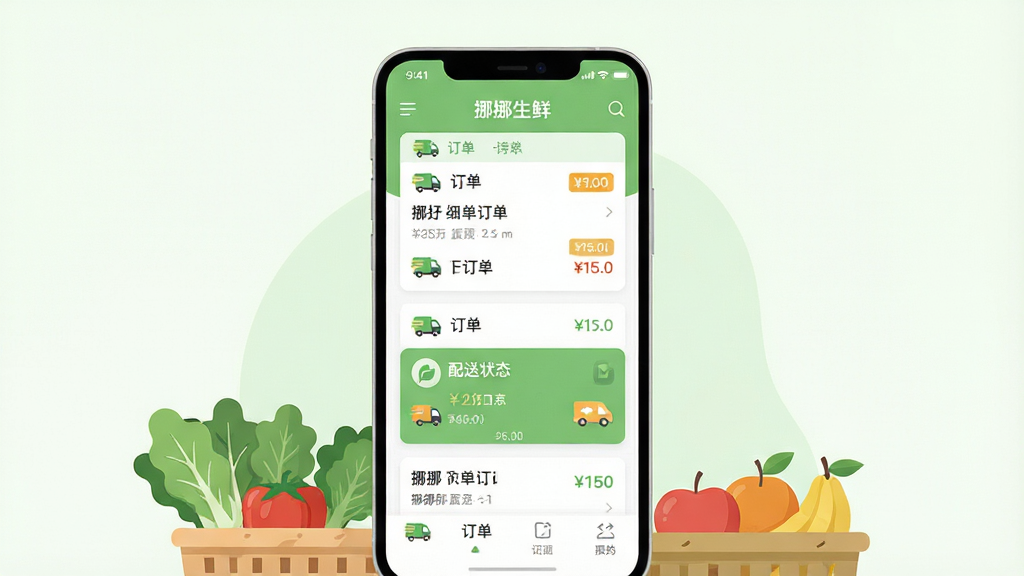 主体为一部竖屏安卓手机,屏幕中央显示“挪挪生鲜”应用界面,包含订单列表与配送状态卡片;布局采用居中对称构图,手机下方放置几筐新鲜蔬菜与水果作为场景点缀;排版简洁,手机界面文字清晰可读;风格为干净清爽的扁平化科技插画,色调以浅绿与白色为主;细节包括订单图标、配送小车图标、价格标签等元素;画质高清,画面干净,无多余元素。