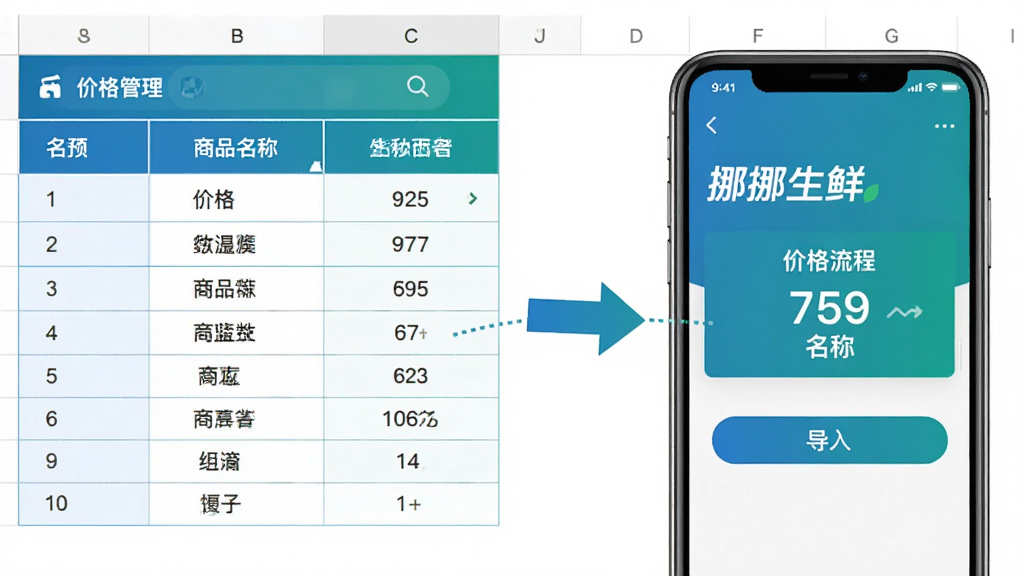 主体为一张电子表格与手机屏幕之间的数据流转示意,手机屏幕显示“挪挪生鲜”价格管理页面;布局为左侧表格、右侧手机,中间用箭头连接;排版清晰直观;风格为简约商务信息图,配色为蓝绿搭配;细节包括价格数字、商品名称、导入按钮;画质干净,无多余元素。