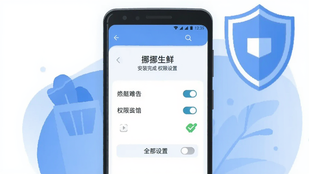 主体为一部安卓手机屏幕显示“挪挪生鲜”安装完成后的权限设置界面,旁边放置一个盾牌图标象征安全;布局为手机居中,盾牌位于右上角;排版简洁;风格为扁平化安全提示插画,色调为蓝白;细节包括权限开关、勾选标记;画质清晰,画面干净,无多余元素。