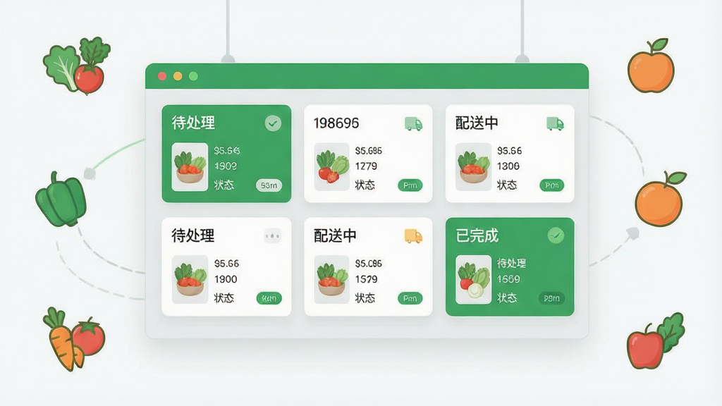 主体为一块悬浮的数字化订单面板,面板上排列着多张订单卡片,卡片标注“待处理”“配送中”“已完成”状态;布局为面板居中,四周环绕生鲜商品图标;排版层次分明,卡片之间留有呼吸感;风格为现代商务扁平插画,主色为绿色与浅灰;细节包括订单编号、商品缩略图、状态标签;画质清晰,画面干净,无多余元素。