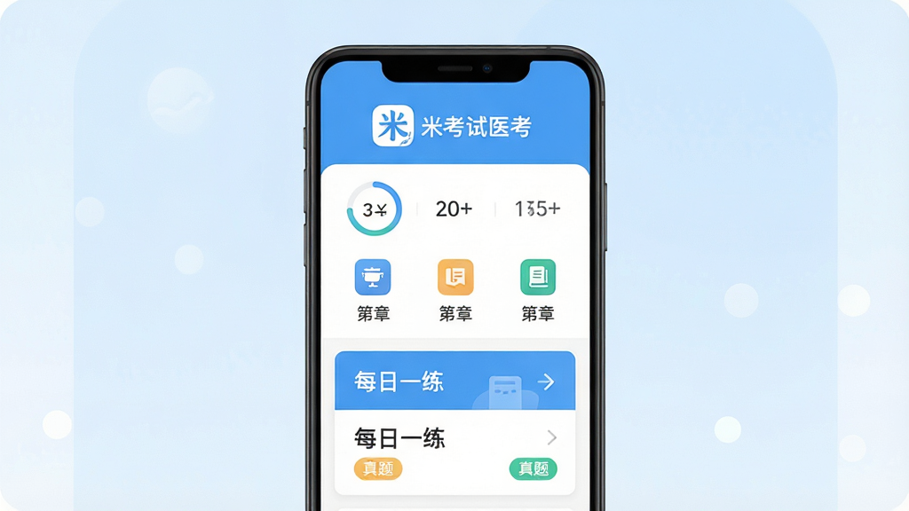 米考试医考软件首页界面展示,主体为一部竖屏安卓手机,屏幕内呈现医学考试题库分类列表与每日一练卡片,布局为手机居中、浅蓝渐变背景、四周留白,排版采用上下结构上方放软件Logo与名称“米考试医考”,风格为清爽扁平化UI设计,细节包含进度环、章节图标、真题标签,画质清晰、干净、无多余元素
