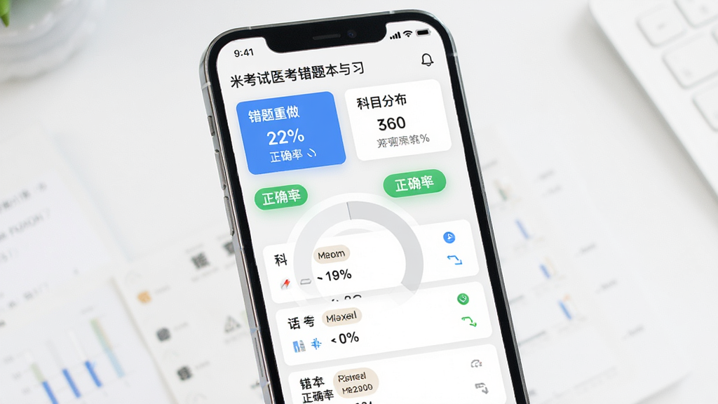 米考试医考错题本与学习报告界面,主体为手机屏幕内的错题列表与环形正确率图表,布局为上方统计卡片、下方错题条目,排版纵向排列,风格为数据可视化轻设计,细节包含“错题重做”“正确率”“科目分布”文字标签,画质清晰、干净、无多余元素