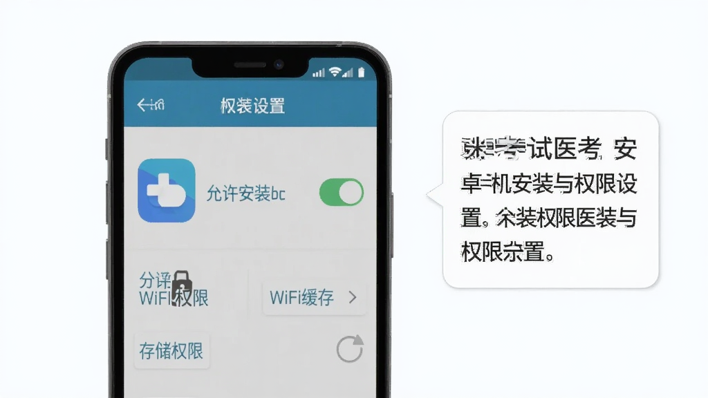 米考试医考安卓手机安装与权限设置示意图,主体为手机设置页面的安装权限开关与App图标,布局为手机居中、右侧配简洁说明文字框,排版左右结构,风格为教程类扁平插画,细节包含“允许安装”“存储权限”“WiFi缓存”标签,画质清晰、干净、无多余元素