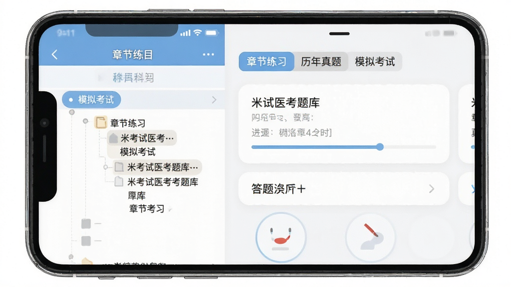 米考试医考题库章节练习界面,主体为手机屏幕内的科目树状目录与答题卡,布局为左侧科目导航、右侧题目卡片,排版上下分层,风格为教育类App常见的浅色卡片式设计,细节包含“章节练习”“历年真题”“模拟考试”标签与进度条,画质清晰、干净、无多余元素