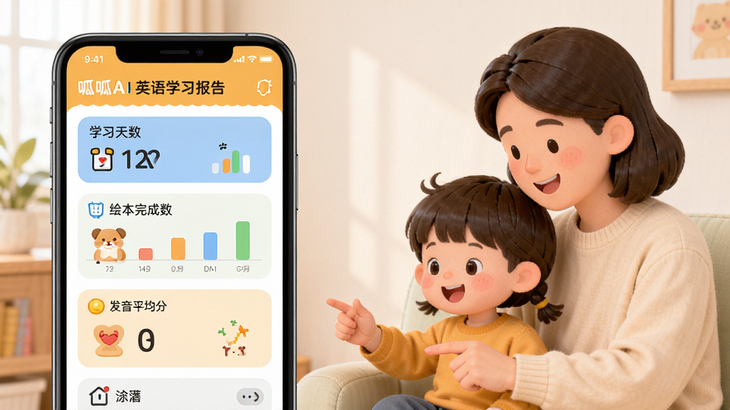 呱呱AI英语学习报告界面展示,画面为手机屏幕上的数据图表页面,包含学习天数、绘本完成数、发音平均分等卡通化图表,旁边有家长和孩子一起查看的温馨场景,布局上下结构,风格简洁明快,细节清晰,画质高清,干净无多余装饰