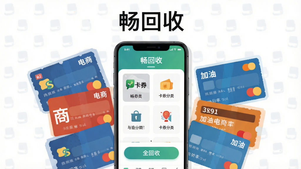 画面主体是一部竖屏智能手机,屏幕上显示“畅回收”应用首页界面,界面中包含卡券分类图标与回收按钮,手机周围以扁平化风格环绕布置商超卡、电商卡、加油卡等卡券元素,整体布局为居中构图,上方留白放置应用名称文字“畅回收”,风格为清爽现代的扁平插画风,细节上突出卡券与手机屏幕的层次感,画质清晰干净,无多余装饰元素