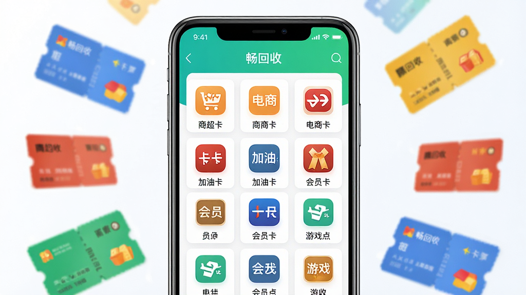 画面主体为“畅回收”应用内的卡券分类页面,界面以网格形式排列商超卡、电商卡、加油卡、会员卡、游戏点卡等分类图标,每个图标下方配有简短文字标签,手机屏幕外以漂浮的卡券卡片作为装饰元素,布局为手机居中、分类图标环绕四周,风格为明亮清新的UI展示风,细节上强调图标辨识度与界面整洁度,画质高清干净,无杂乱背景