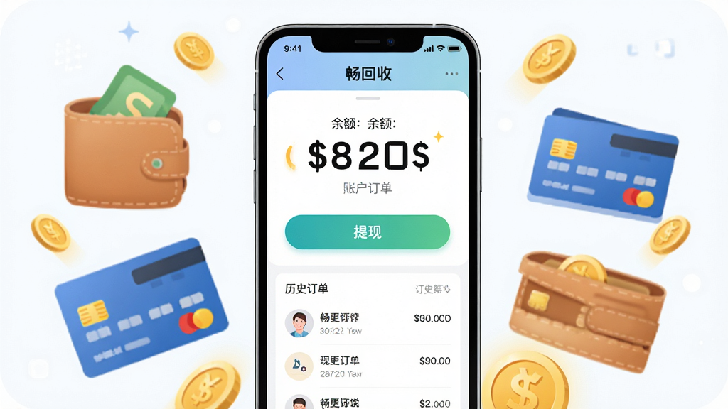 画面主体为“畅回收”应用的账户余额页面,手机屏幕上显示余额数字、提现按钮与历史订单列表,界面以简洁列表形式排列,周围点缀钱包、银行卡与金币元素,布局为手机居中、元素左右对称分布,风格为清爽金融类UI插画风,细节上突出余额数字与按钮的视觉重点,画质高清干净,无杂乱背景