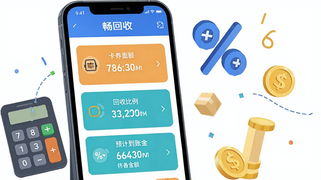 画面主体为“畅回收”应用的估价结果页面,手机屏幕上显示卡券面额、回收比例与预计到账金额三项信息,界面以卡片式布局呈现,周围点缀计算器、百分比符号与金币元素,布局为手机居中偏左、元素右侧环绕,风格为简洁商务插画风,细节上突出数字信息的可读性,画质清晰干净,无多余元素