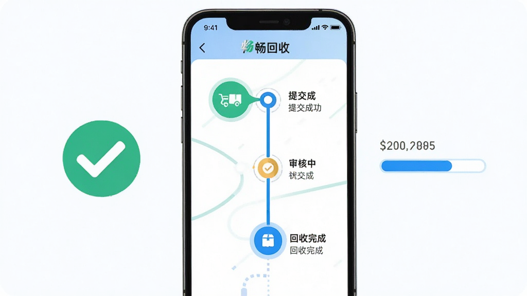 画面主体为“畅回收”应用的订单进度页面,手机屏幕上以时间轴形式展示提交成功、审核中、回收完成三个状态节点,当前节点高亮显示,手机旁配有对勾图标与进度条元素,布局为手机居中、时间轴纵向排列于屏幕内,风格为扁平化流程展示风,细节上强调状态节点的层次与连接线,画质清晰干净,无多余装饰