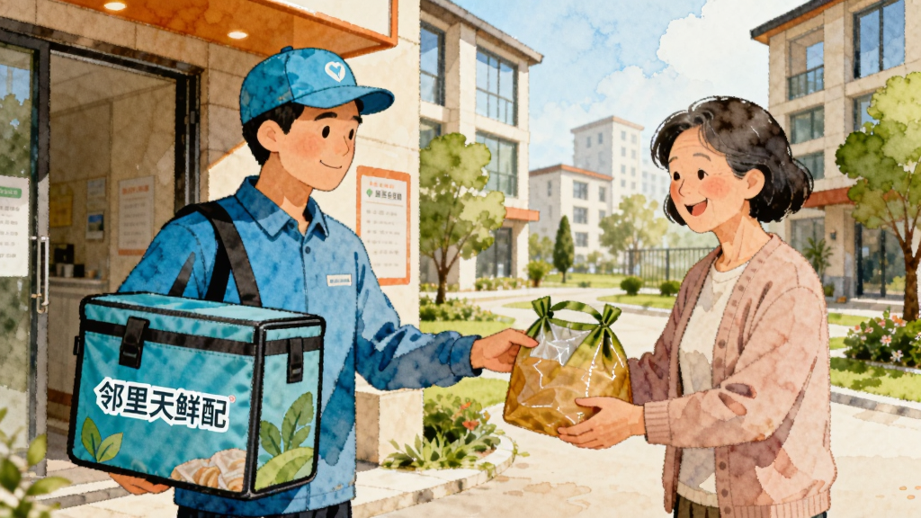 社区生鲜配送场景,画面左侧一位配送员手持印有“邻里天鲜配”字样的保温袋站在小区门口,右侧一位居民微笑接过商品,背景为整洁的现代社区楼栋与绿植,整体采用温暖明亮的水彩插画风格,构图左右平衡,细节丰富,画质清晰,干净无多余元素