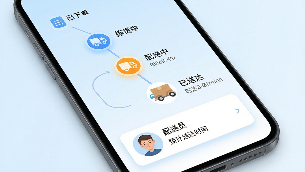订单追踪界面示意图,手机屏幕显示订单状态时间轴,包含已下单、拣货中、配送中、已送达四个节点,当前节点高亮显示,下方有配送员头像与预计送达时间卡片,背景为淡蓝色渐变,整体风格清爽现代,排版纵向清晰,细节明确,画质高清,干净无多余元素