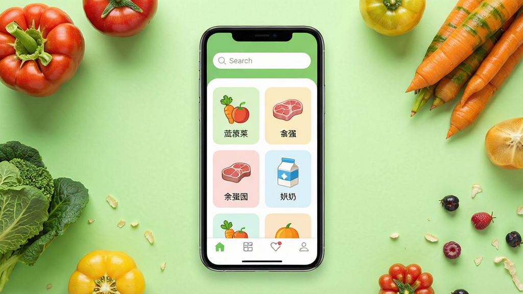 手机应用界面展示,画面中央一部现代智能手机,屏幕上显示生鲜配送APP首页,顶部搜索栏,中部商品分类图标包括蔬菜水果肉禽蛋奶,底部导航栏,背景为明亮干净的浅绿色调,周围点缀新鲜蔬菜水果元素,整体风格清新简洁,排版居中对称,细节清晰,画质高清,干净无多余元素