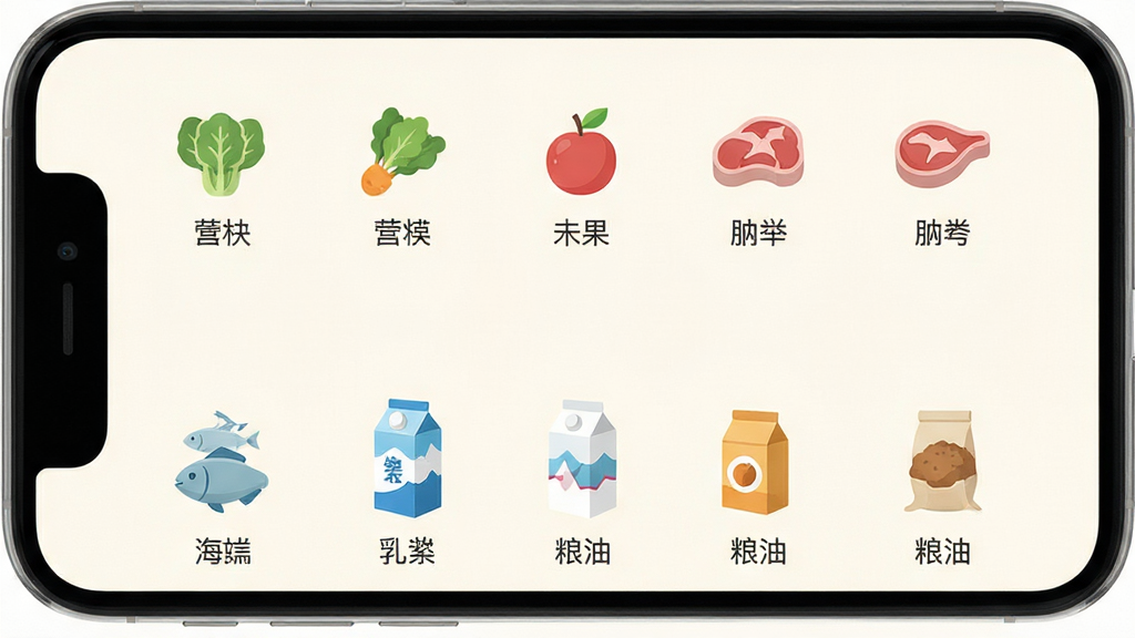 生鲜商品分类展示界面,手机屏幕内呈现网格状商品分类布局,图标分别代表蔬菜、水果、肉类、海鲜、乳品、粮油,每个图标配有简洁文字标签,背景为柔和的米白色,整体排版整齐有序,风格扁平化设计,细节精致,画质高清,干净无多余元素