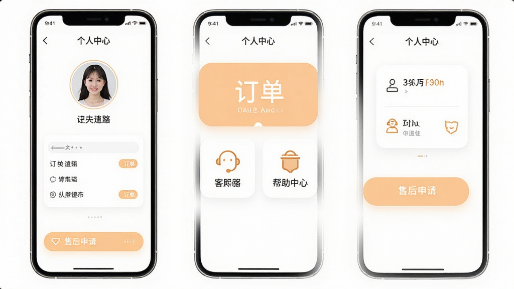 手机应用个人中心页面展示,界面包含头像区域、订单入口、客服与帮助中心图标、售后申请按钮,配色以白色和浅橙色为主,布局清晰分块,风格简洁友好,细节干净,画质高清,无多余装饰元素