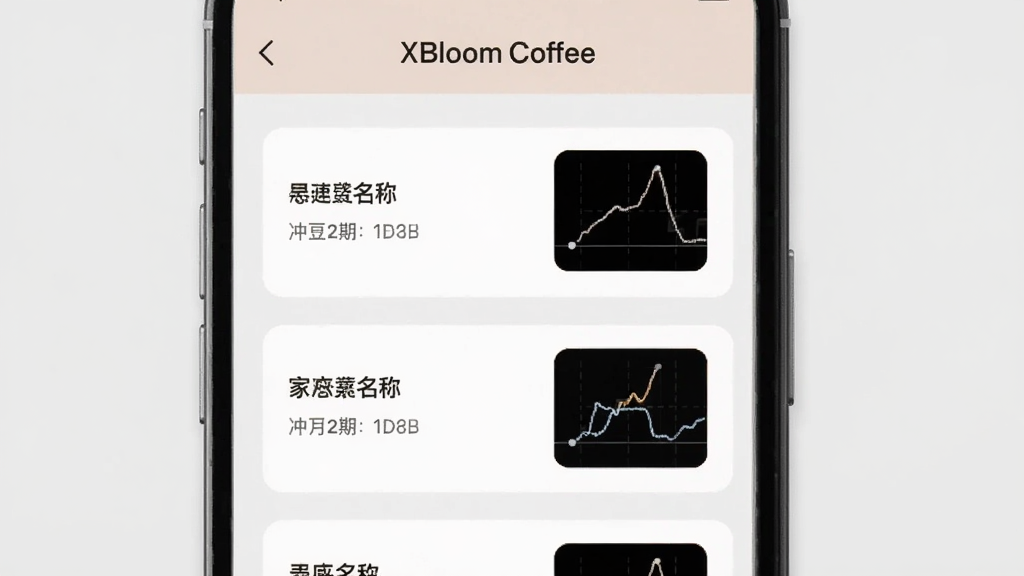 手机应用界面展示历史冲煮记录列表,每条记录包含咖啡豆名称、冲煮日期和曲线缩略图,界面采用卡片式设计,配色柔和,顶部有“xBloom Coffee”标题,背景为浅灰色,布局规整,风格简约,画质清晰,无多余装饰