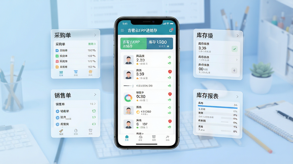 一张展示移动端企业管理软件的界面示意图,画面中央是一部智能手机,屏幕上显示“吉客云ERP进销存”的商品列表与库存数字面板,手机两侧漂浮着采购单、销售单、库存报表等半透明卡片,背景为浅蓝色渐变的工作台场景,风格简洁现代,细节清晰,画质干净,无多余元素