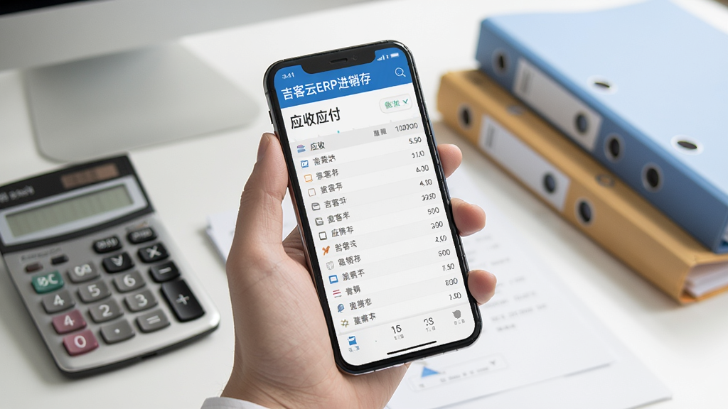 一张表现财务对账场景的图片,画面中一只手拿着手机,手机屏幕显示“吉客云ERP进销存”的应收应付列表,背景是整洁的办公桌面,桌上有计算器与文件夹,风格写实,光线柔和,布局以手机为视觉中心,细节丰富,画质干净