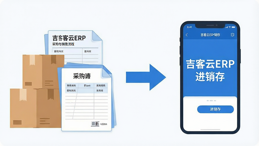 一张表现采购与销售流程的商务插画,画面左侧是堆叠的纸箱与采购单据,中间用箭头连接右侧的手机开单界面,界面上写有“吉客云ERP进销存”字样,整体采用扁平化风格,配色以蓝白为主,布局左右对称,细节干净,画质清晰