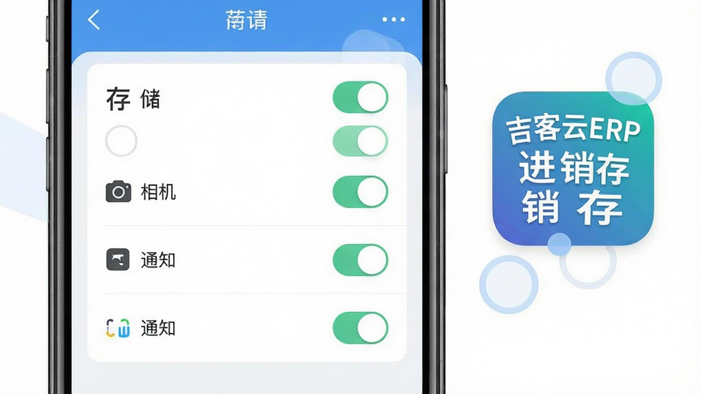 一张展示手机应用权限设置界面的示意图,画面为手机屏幕特写,屏幕上列出存储、相机、通知等权限开关,旁边有“吉客云ERP进销存”的应用图标,风格扁平简洁,配色清爽,布局以屏幕为中心,细节清晰,画质干净,无多余元素