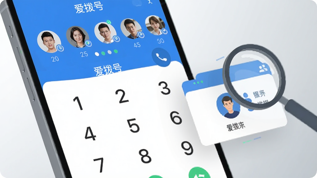 一部手机屏幕特写,屏幕显示“爱拨号”的拨号键盘界面,数字按键大而清晰,上方显示最近联系人头像横向排列;画面右侧有放大镜图标与联系人卡片飞入手机屏幕的动效示意;风格为清爽的科技扁平风,蓝白配色,背景为浅灰色渐变;画质干净,主体突出