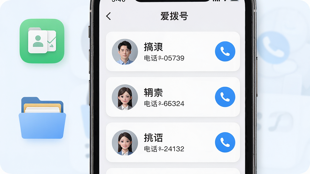 手机屏幕中展示“爱拨号”的联系人管理界面,联系人以卡片列表形式排列,每张卡片包含头像、姓名与电话号码,卡片右侧有拨号按钮;画面中加入通讯录图标与整理分类的文件夹元素;整体风格简约明快,浅色背景,蓝色点缀;画质清晰,排版整洁