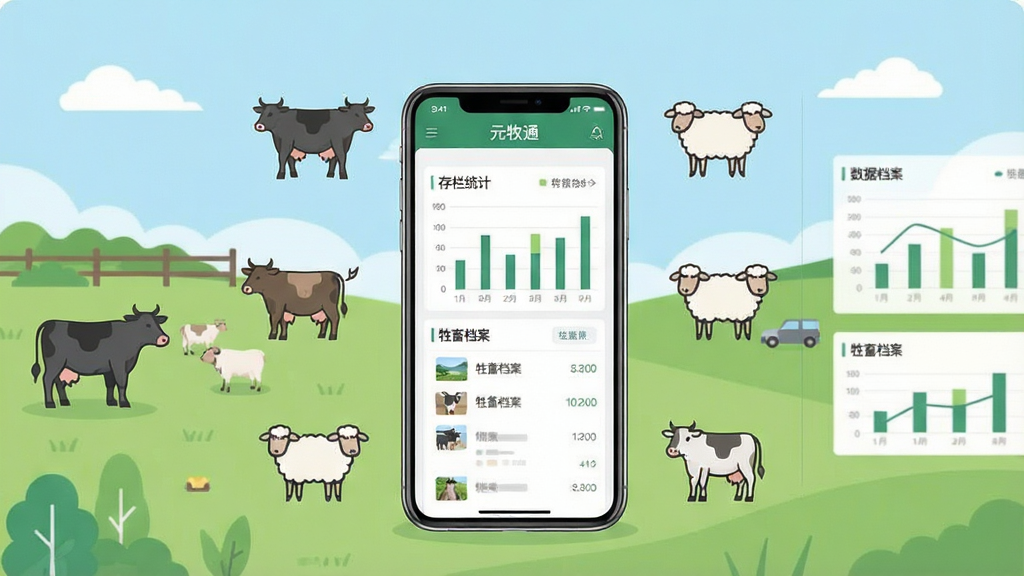 一张展示现代畜牧养殖管理场景的横版宣传图,画面中央放置一部智能手机,手机屏幕上显示“元牧通”软件的数据看板界面,包含存栏统计图表与牲畜档案列表,手机周围环绕牛、羊等牲畜的简约线性图标,背景为浅绿色牧场与蓝天,整体采用扁平化插画风格,布局为左中右三分结构,左侧为牧场场景,中间为手机主体,右侧为数据图表元素,色调清新自然,细节干净利落,画质清晰,无多余装饰元素