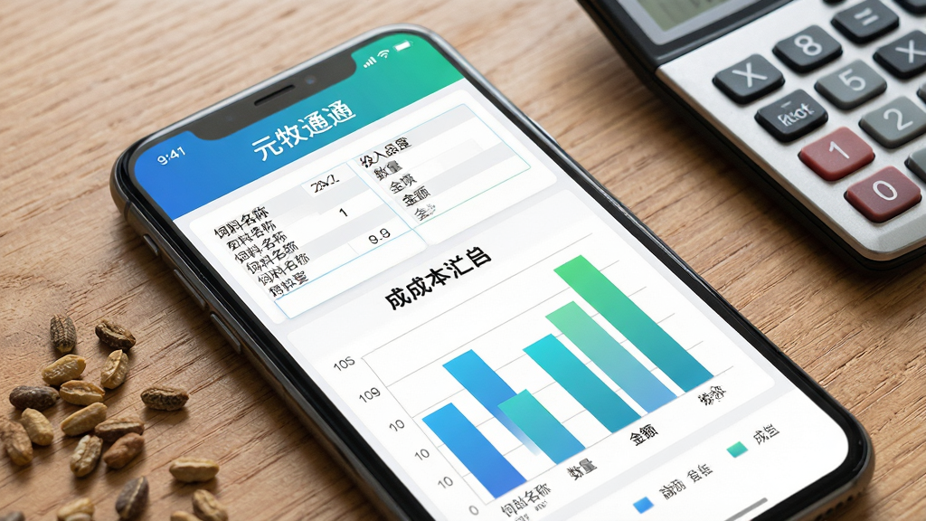 一张表现“元牧通”成本核算功能的场景图,画面为手机屏幕特写,屏幕内展示投入品登记表单与成本汇总柱状图,表单字段包含饲料名称、数量、金额等,柱状图配色为蓝绿渐变,手机放置在木质桌面上,旁边散落几颗饲料颗粒与一个计算器,布局为对角线构图,风格为现代商务写实风,细节清晰,画质干净,无多余文字干扰